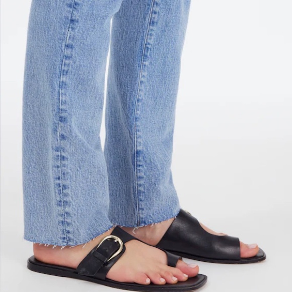 Black Leather Buckle Slide Sandals - Women